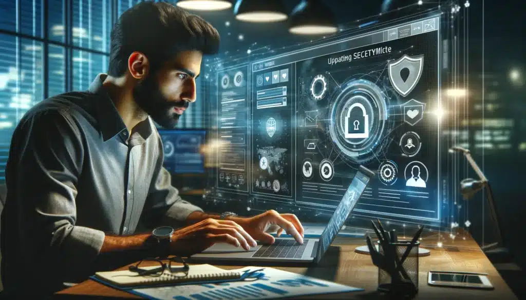 Un expert en maintenance WordPress de l’agence digitale White Heart, effectuant des mises à jour sur un site, avec des icônes de sécurité et de performance.